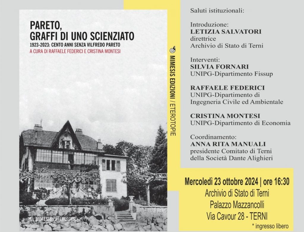 Presentazione del volume “PARETO, GRAFFI DI UNO SCIENZIATO. 1923-2023: CENTO ANNI SENZA VILFREDO PARETO.” Mercoledì 23 Ottobre, ore 16:30